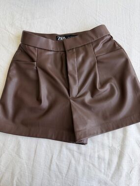 Zara Chocolate Brown Faux Leather Tailored Shorts